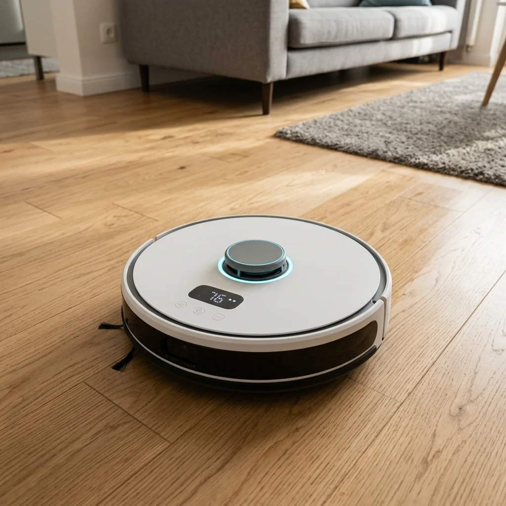 A robot LiDAR-tornya kék fénygyűrűvel és a szemes kijelző parkettán haladás közben
