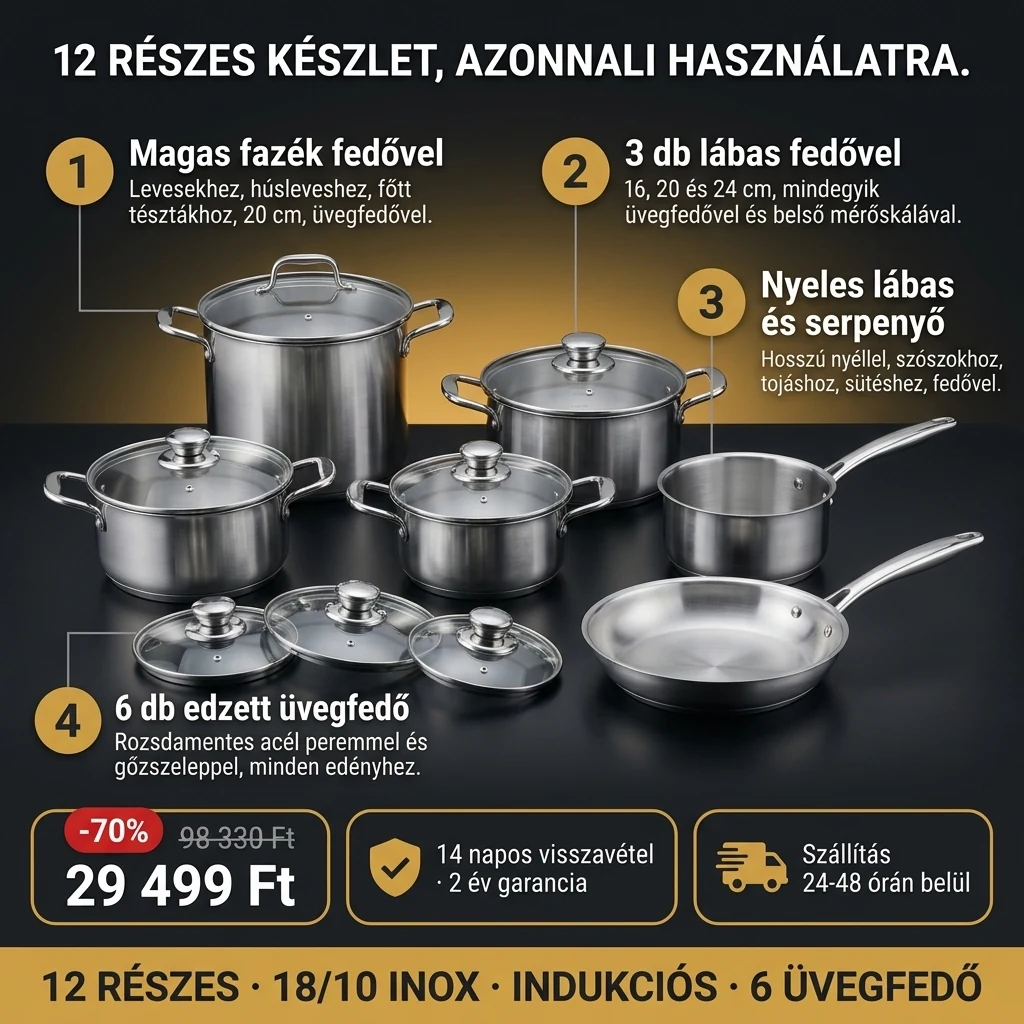 Edénykészlet 12 részes – ajánlat: magas fazék, három lábas, nyeles lábas, serpenyő és hat üvegfedő, 98 330 Ft helyett 29 499 Ft, fizetés átvételkor