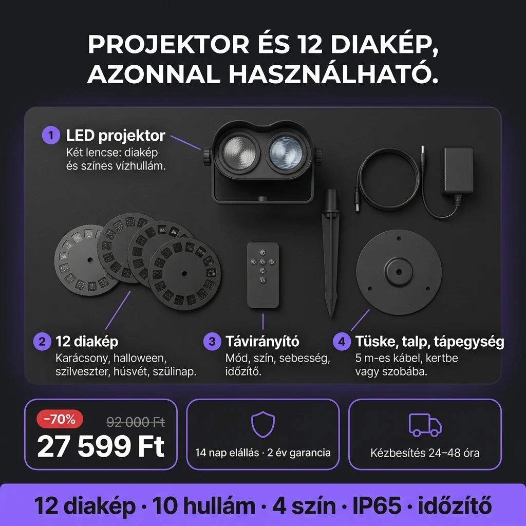 Ünnepi LED projektor – ajánlat: ünnepi LED projektor 12 diaképpel és távirányítóval, 92 000 Ft helyett 27 599 Ft, fizetés átvételkor