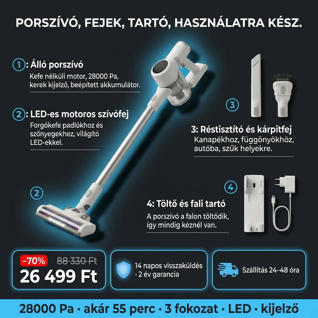 Álló porszívó LED – ajánlat: álló porszívó, LED-es szívófej, résszívó, kárpitfej, töltő és fali tartó, 88 330 Ft helyett 26 499 Ft, fizetés átvételkor