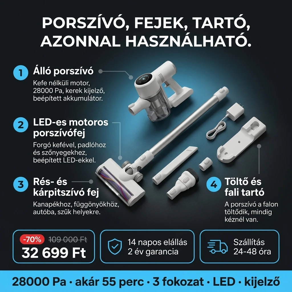 Álló porszívó LED – ajánlat: álló porszívó, LED-es szívófej, résszívó, kárpitfej, töltő és fali tartó, 109 000 Ft helyett 32 699 Ft, fizetés átvételkor