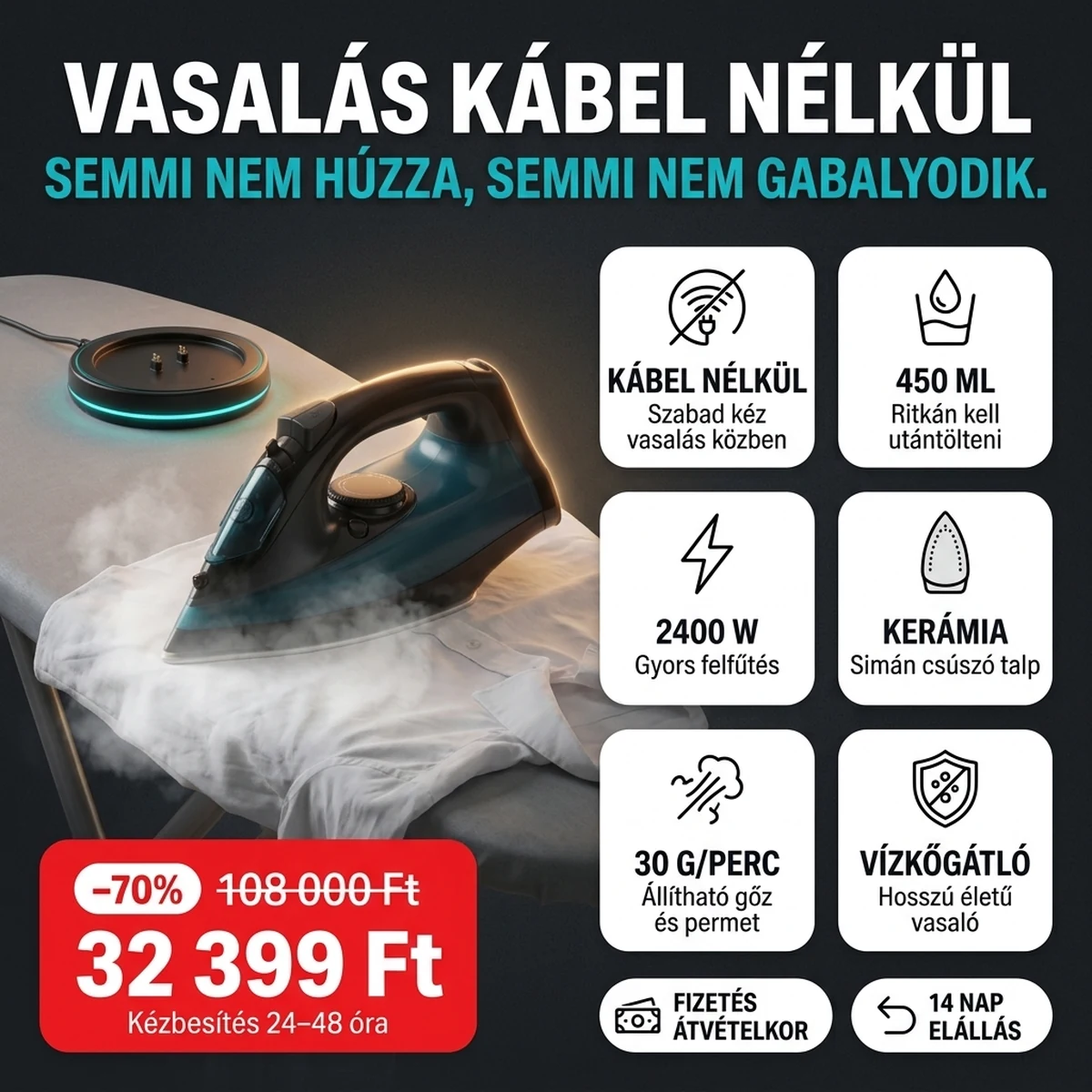 Vezeték nélküli gőzölős vasaló a töltőtalpon, a fő jellemzők kártyáin