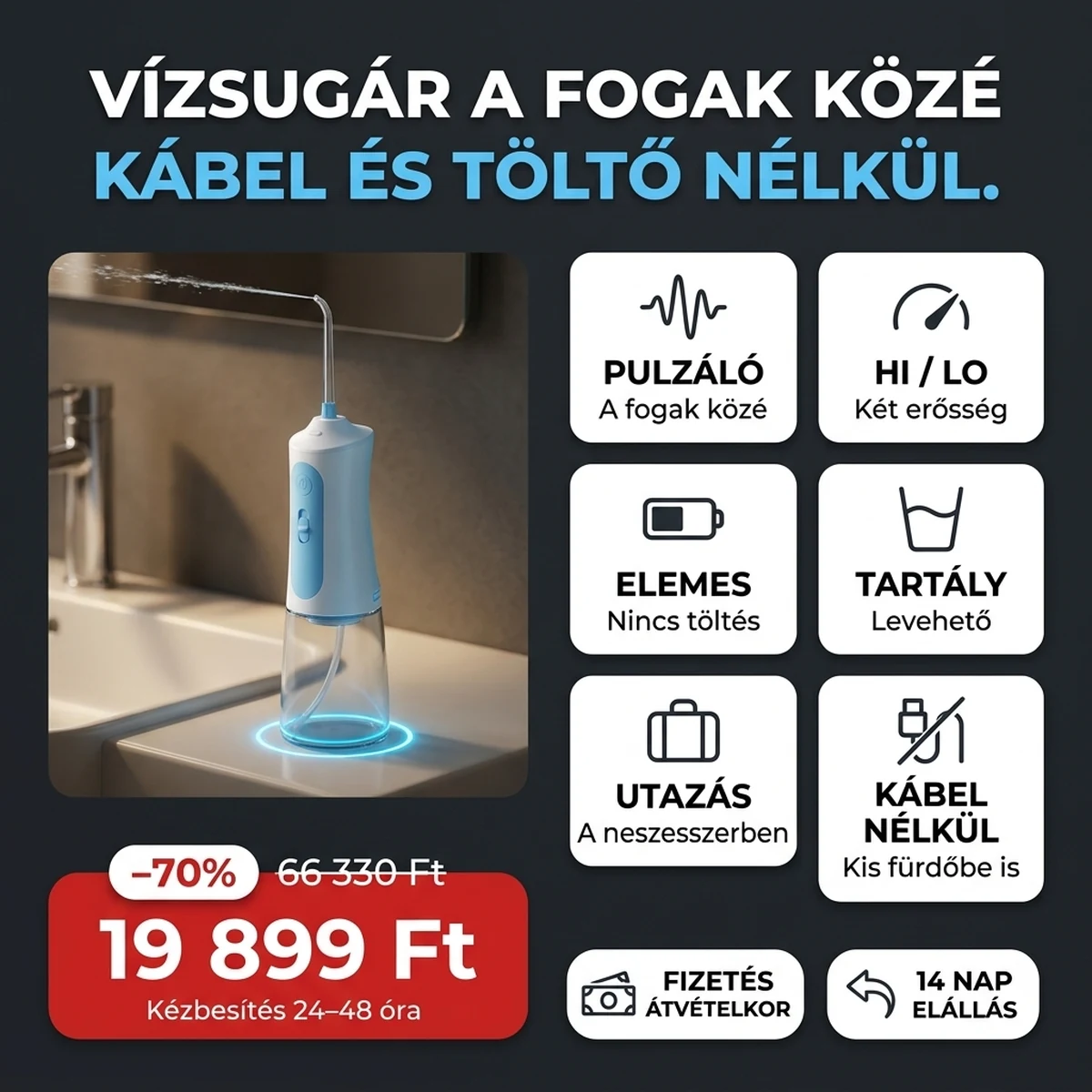 Fehér-kék vezeték nélküli szájzuhany vízsugárral, a fő jellemzők kártyáin