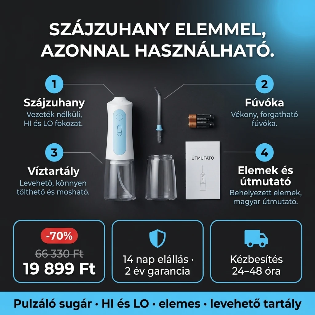 Vezeték nélküli szájzuhany – ajánlat: vezeték nélküli szájzuhany elemmel és levehető tartállyal, 66 330 Ft helyett 19 899 Ft, fizetés átvételkor