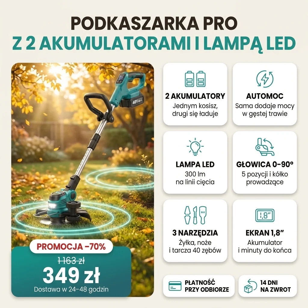 Podkaszarka akumulatorowa PRO z dwoma akumulatorami i lampą LED, na kartach najważniejszych funkcji