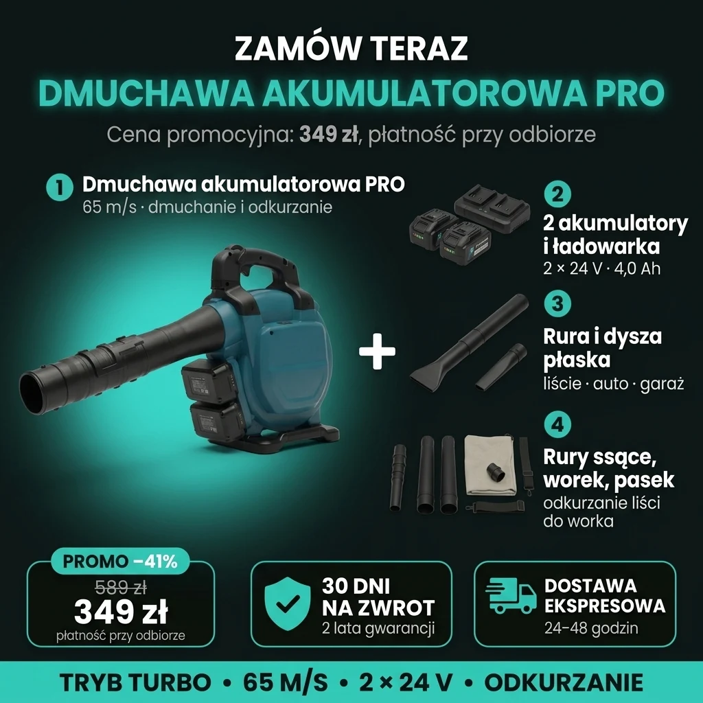 Oferta na dmuchawę akumulatorową PRO: zestaw 8 elementów z dwoma akumulatorami, 349 zł zamiast 589 zł, płatność przy odbiorze