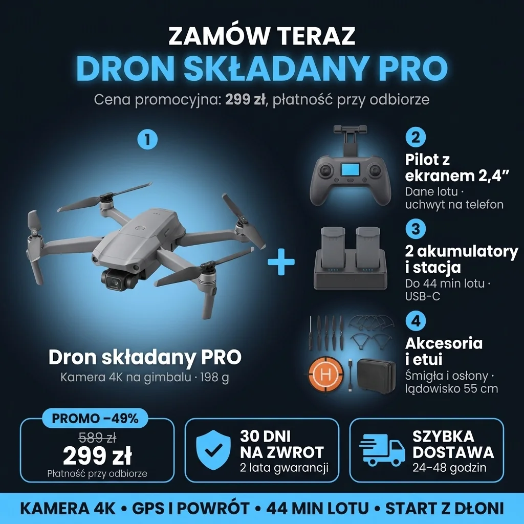 Oferta Dron składany PRO: dron, pilot, 2 akumulatory ze stacją, akcesoria i etui, 299 zł zamiast 589 zł, płatność przy odbiorze