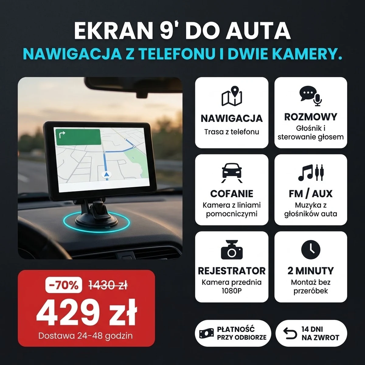 Ekran samochodowy PRO na desce rozdzielczej, obok kamera cofania, na kartach z cechami