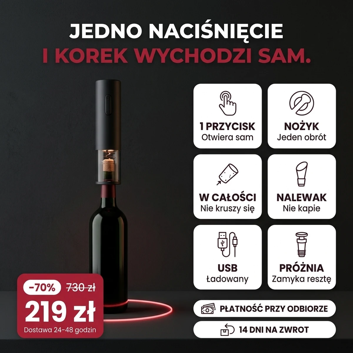 Czarny elektryczny korkociąg w zestawie: korkociąg, nożyk, nalewak, korek próżniowy, na kartach cech