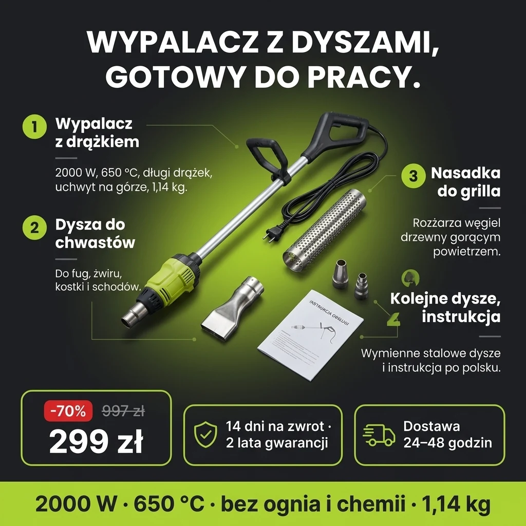Oferta: Wypalacz chwastów 2000 W – elektryczny wypalacz chwastów, dysza do chwastów i nasadka do grilla, 299 zł zamiast 997 zł, płatność przy odbiorze