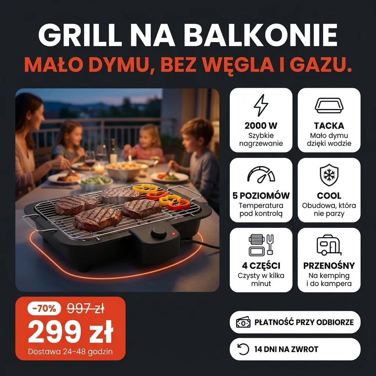 Grill elektryczny stołowy PRO z chromowanym rusztem i zdejmowanym termostatem, na kartach z głównymi cechami