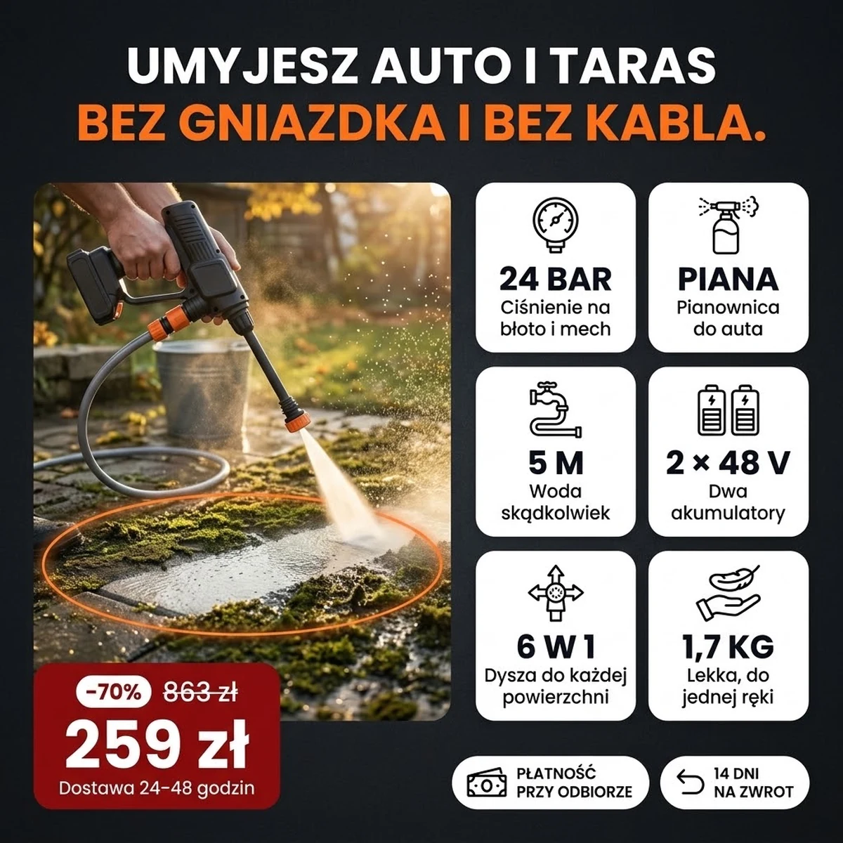Myjka ciśnieniowa PRO z dyszą, pianownicą i dwoma akumulatorami, najważniejsze funkcje na kartach