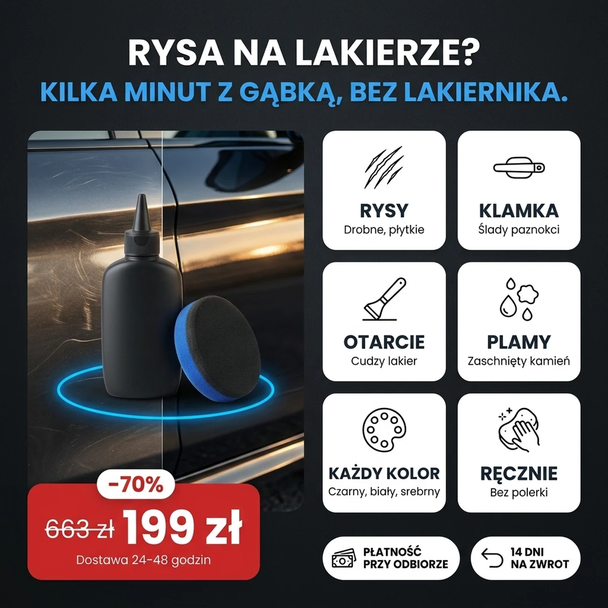Butelka pasty do usuwania rys z gąbką, na kartach z głównymi cechami