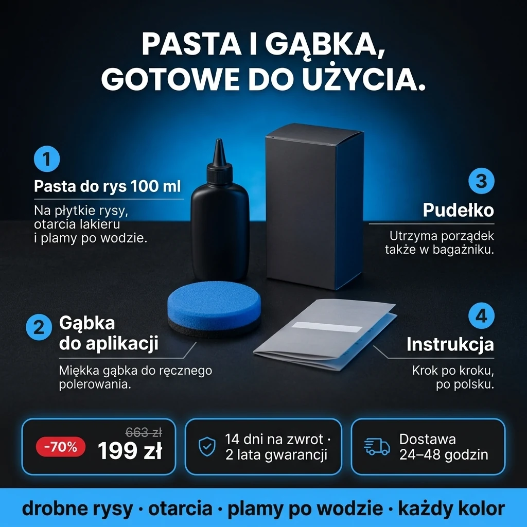 Oferta: Pasta do usuwania rys – pasta do usuwania rys 100 ml i gąbka do aplikacji, 199 zł zamiast 663 zł, płatność przy odbiorze
