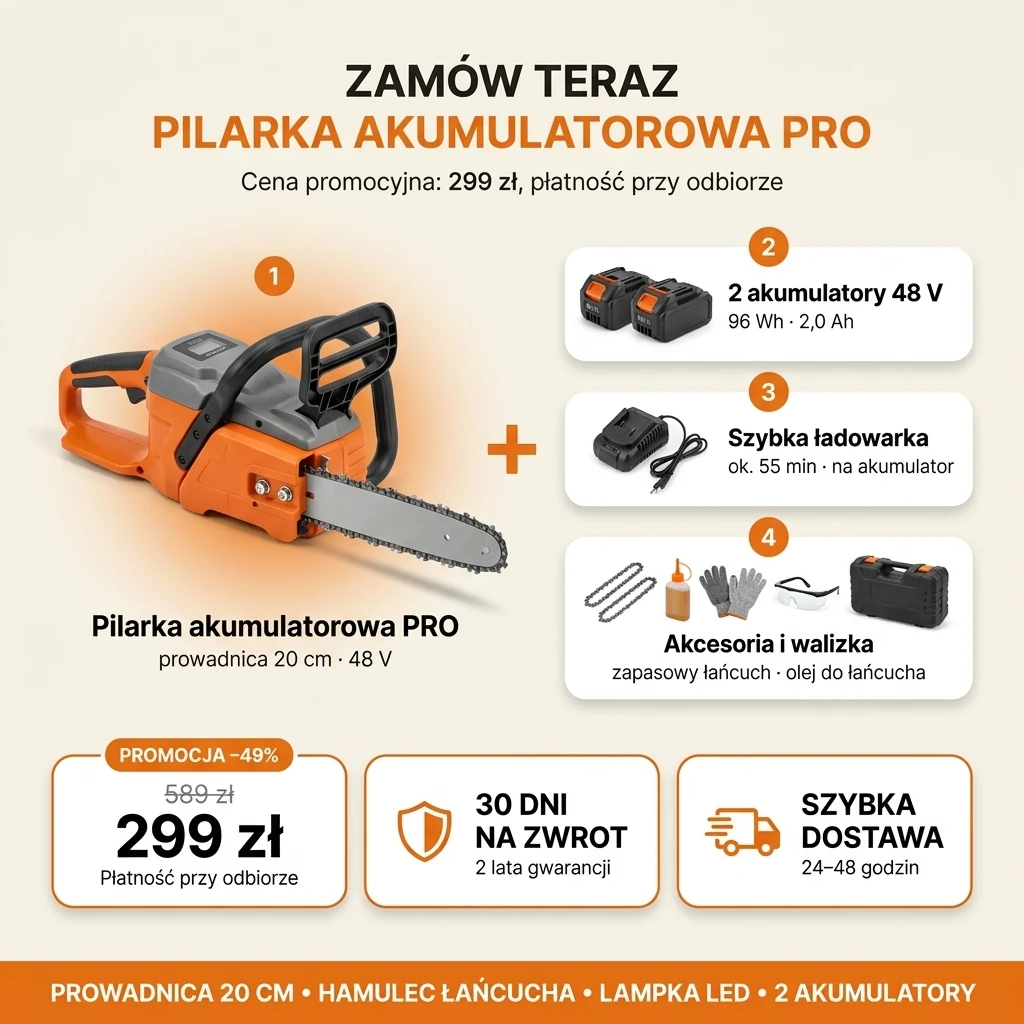 Oferta pilarki akumulatorowej PRO: pilarka, dwa akumulatory, szybka ładowarka, akcesoria i walizka, 299 zł zamiast 589 zł, płatność przy odbiorze
