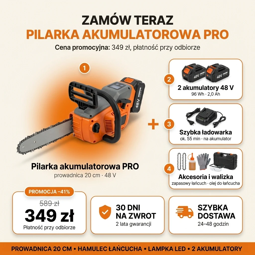 Oferta pilarki akumulatorowej PRO: pilarka, dwa akumulatory, szybka ładowarka, akcesoria i walizka, 349 zł zamiast 589 zł, płatność przy odbiorze
