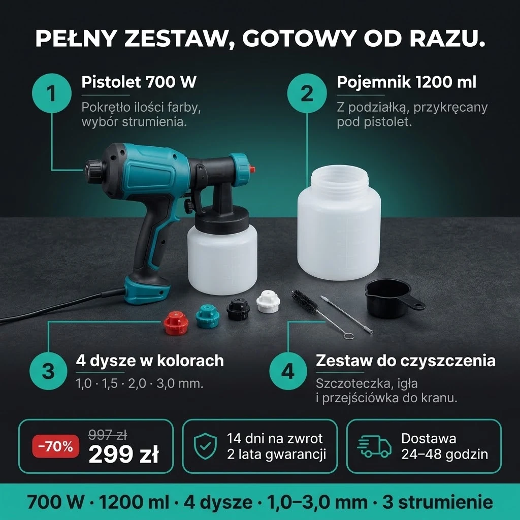Oferta Pistoletu do malowania PRO: pistolet, pojemnik 1200 ml, 4 dysze i zestaw do czyszczenia, płatność przy odbiorze