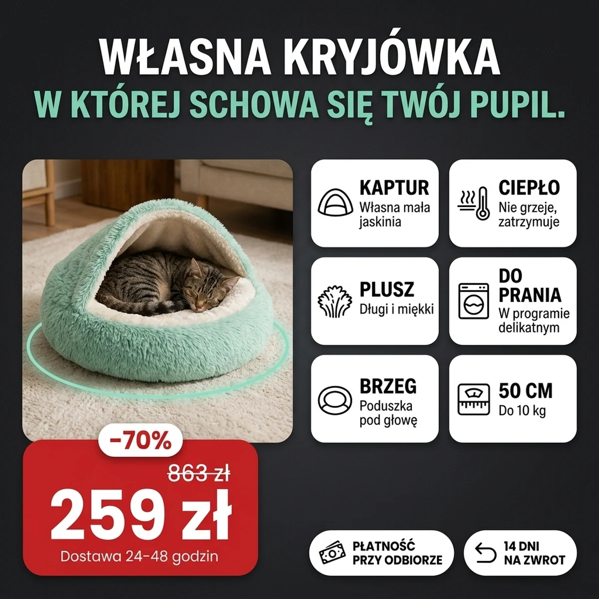 Miętowe pluszowe legowisko z kapturem, na kartach z głównymi cechami
