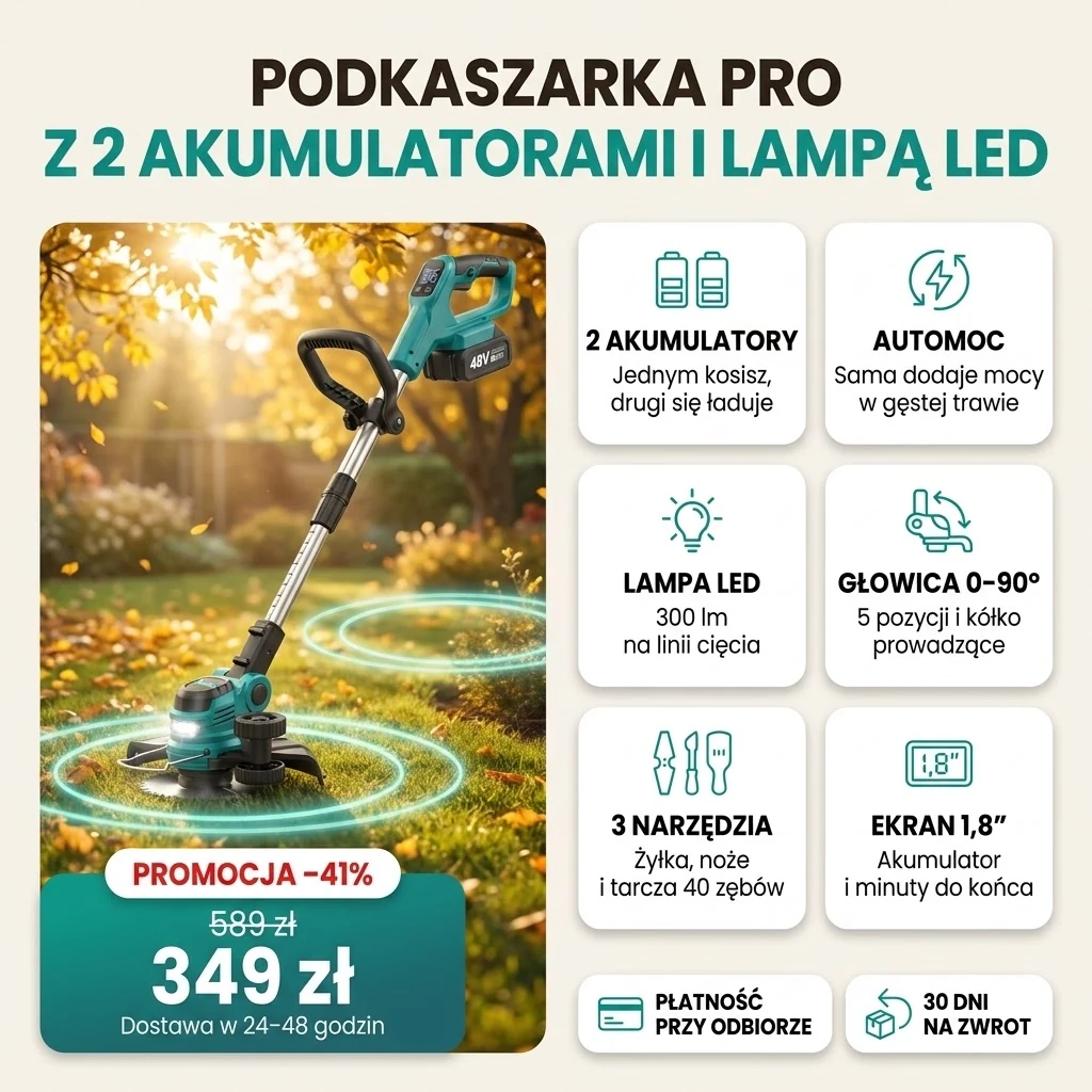 Podkaszarka akumulatorowa PRO z dwoma akumulatorami i lampą LED, na kartach najważniejszych funkcji