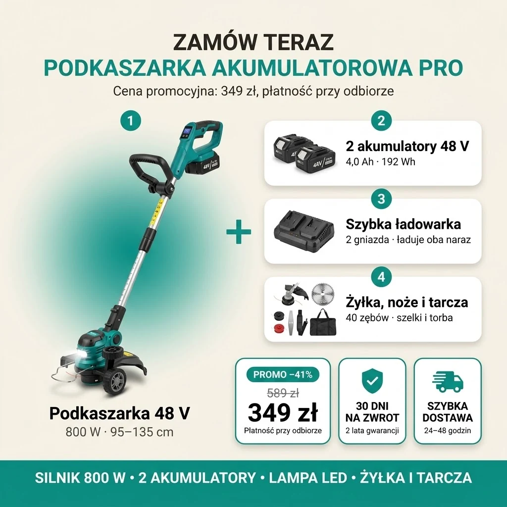 Oferta Podkaszarki akumulatorowej PRO: podkaszarka 48 V, dwa akumulatory, ładowarka, żyłka, noże i tarcza, 349 zł zamiast 589 zł, płatność przy odbiorze
