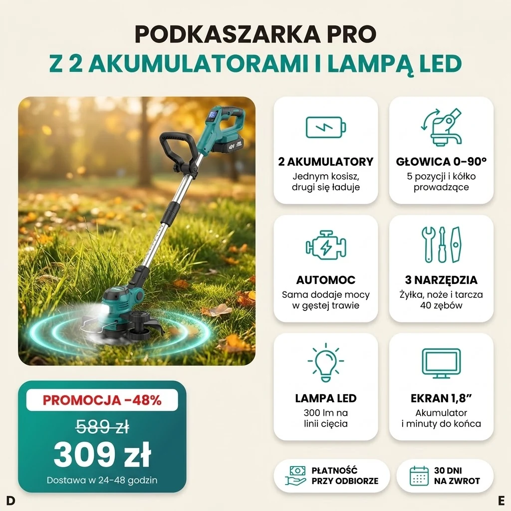 Podkaszarka akumulatorowa PRO z dwoma akumulatorami i lampą LED, na kartach najważniejszych funkcji