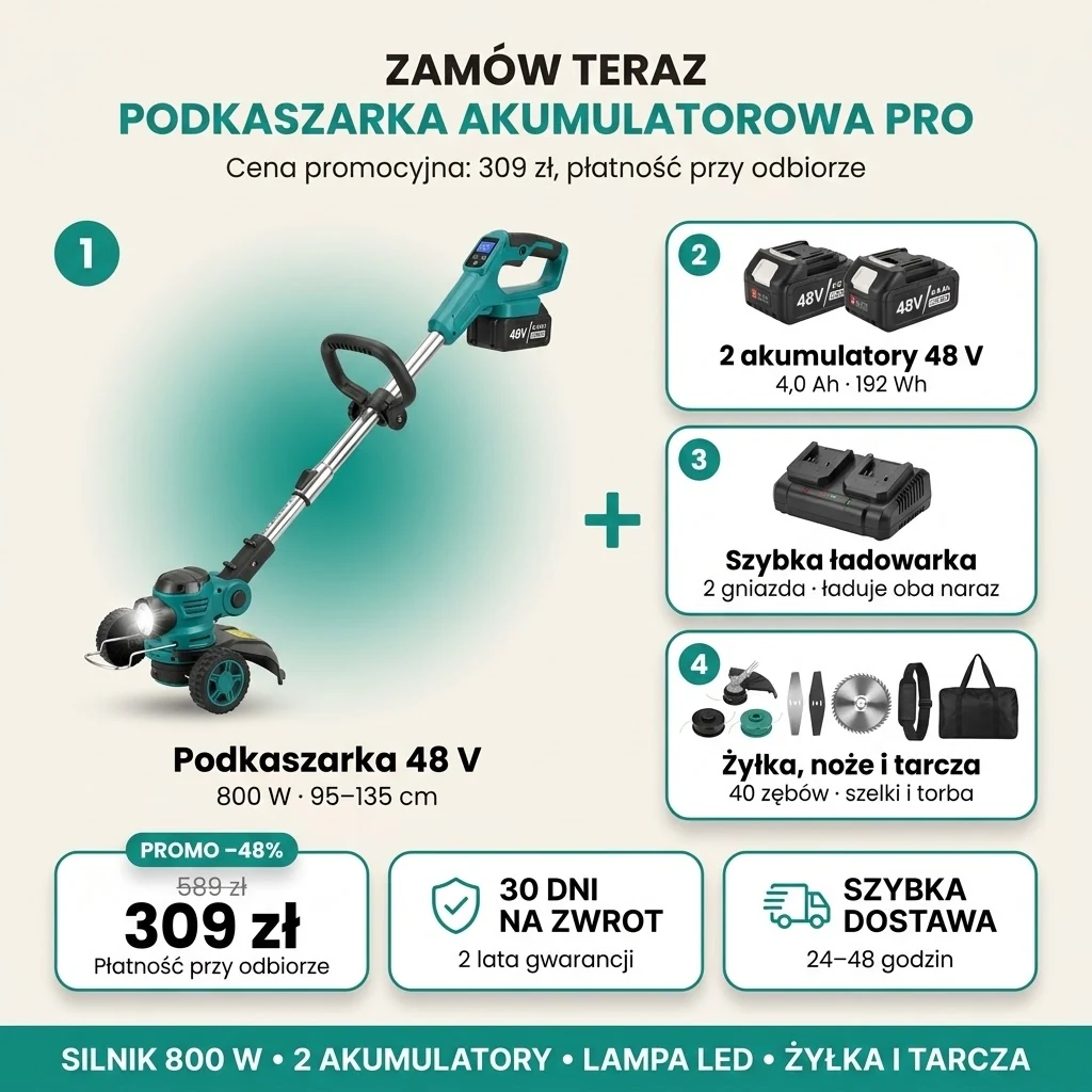 Oferta Podkaszarki akumulatorowej PRO: podkaszarka 48 V, dwa akumulatory, ładowarka, żyłka, noże i tarcza, 309 zł zamiast 589 zł, płatność przy odbiorze