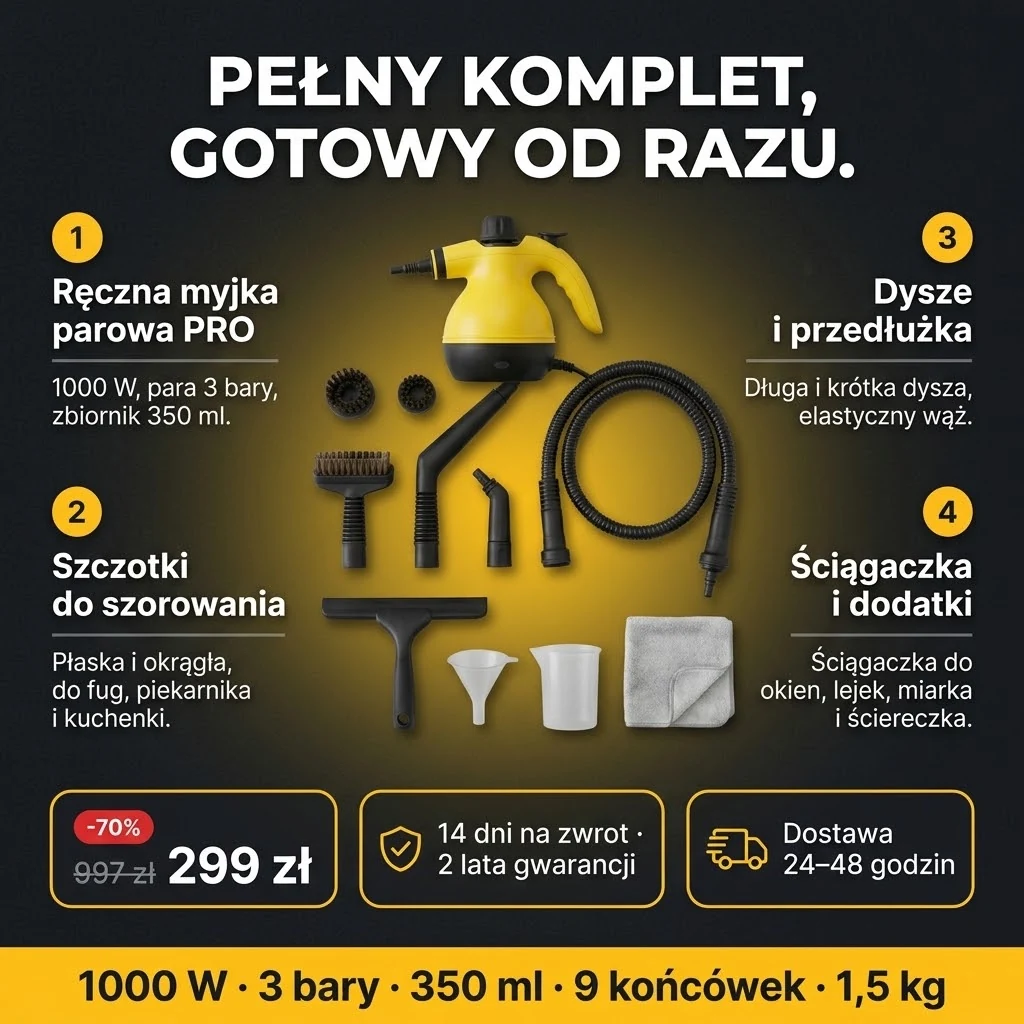 Oferta Ręcznej myjki parowej PRO: myjka i 9 końcówek, płatność przy odbiorze