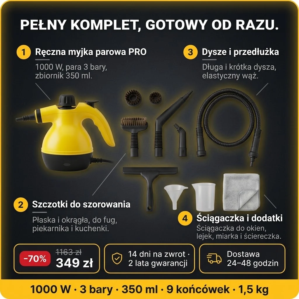 Oferta Ręcznej myjki parowej PRO: myjka i 9 końcówek, płatność przy odbiorze