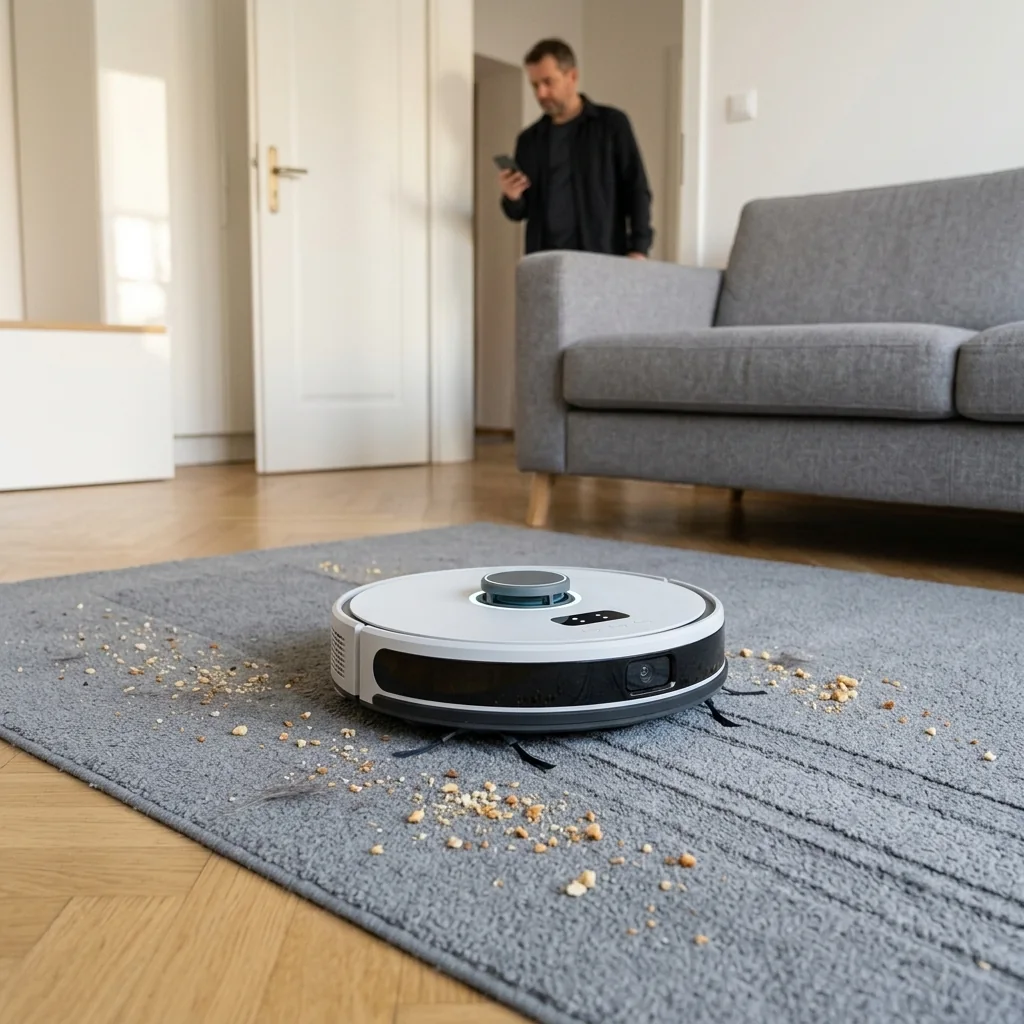 Robot sprzątający PRO na dywanie w salonie, za nim równe pasy, mężczyzna w drzwiach z mapą w telefonie