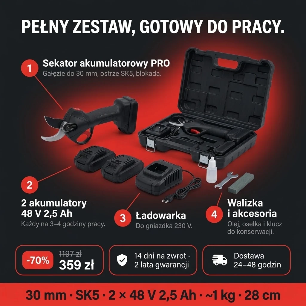 Oferta Sekatora akumulatorowego PRO: sekator, dwa akumulatory, ładowarka i walizka z akcesoriami, płatność przy odbiorze