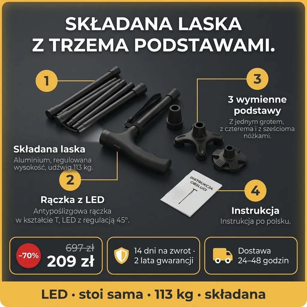 Oferta: Składana laska z LED – składana laska z rączką LED i 3 podstawami, 209 zł zamiast 697 zł, płatność przy odbiorze