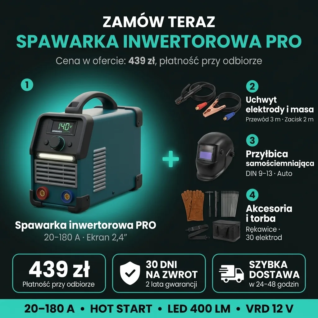 Infografika zestawu Spawarka inwertorowa PRO: 1 spawarka, 2 uchwyt elektrody i kabel masy, 3 przyłbica samościemniająca, 4 akcesoria i torba