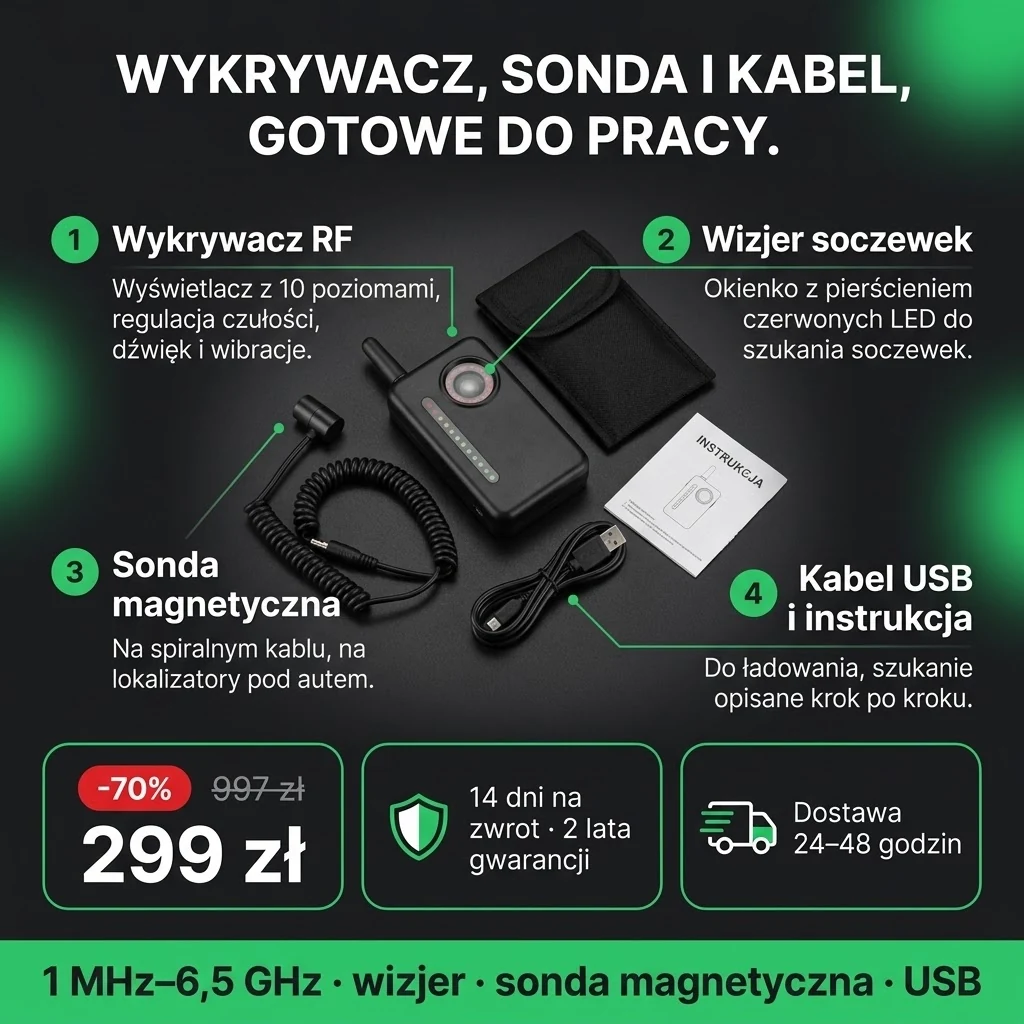 Oferta: Wykrywacz podsłuchów PRO – wykrywacz RF z wizjerem soczewek, sonda magnetyczna i kabel USB, 299 zł zamiast 997 zł, płatność przy odbiorze