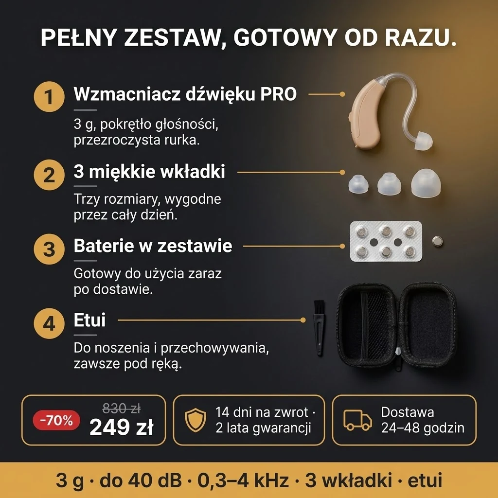 Oferta Wzmacniacza dźwięku PRO: wzmacniacz, 3 wkładki, baterie i etui, płatność przy odbiorze