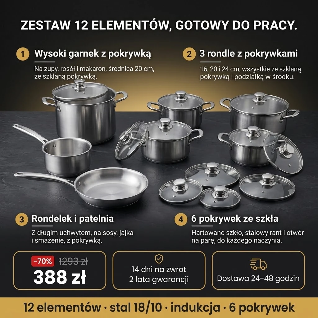 Oferta: Zestaw garnków 12 el. – wysoki garnek, trzy rondle, rondelek, patelnia i sześć szklanych pokrywek, 388 zł zamiast 1293 zł, płatność przy odbiorze