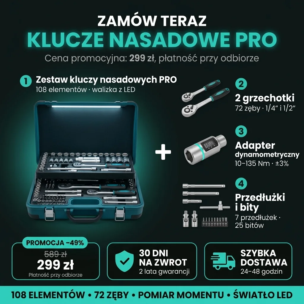 Oferta: zestaw kluczy nasadowych PRO za 299 zł zamiast 589 zł, płatność przy odbiorze, 30 dni na zwrot, dostawa w 24–48 godzin
