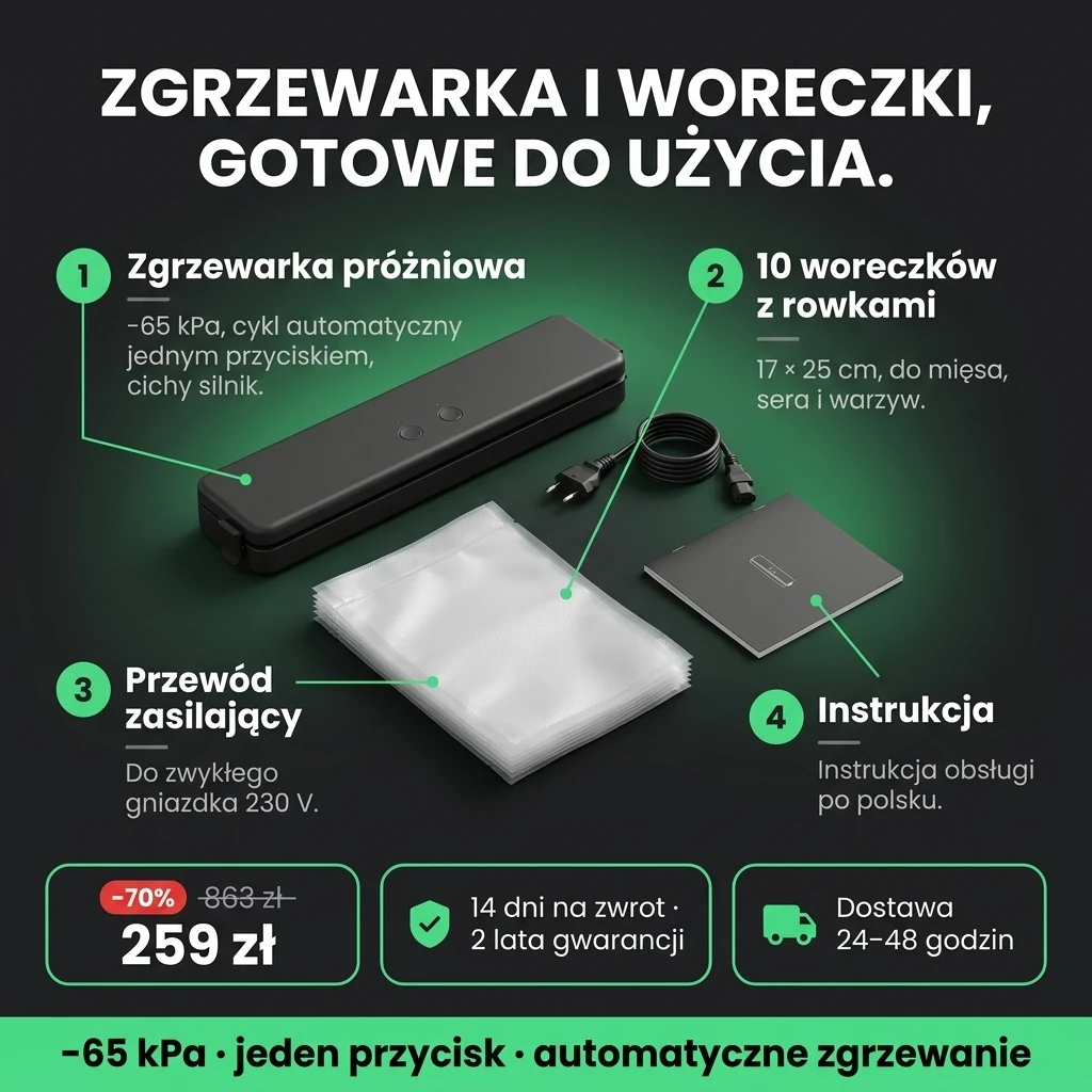 Oferta: Zgrzewarka próżniowa – zgrzewarka próżniowa i 10 woreczków 17 × 25 cm, 259 zł zamiast 863 zł, płatność przy odbiorze