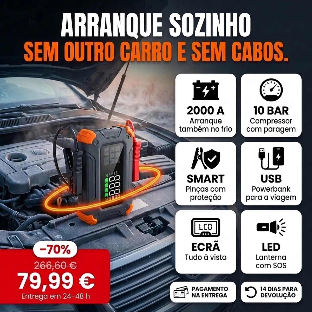 Arrancador de bateria PRO cinzento e laranja com pinças e compressor, as funções principais em cartões