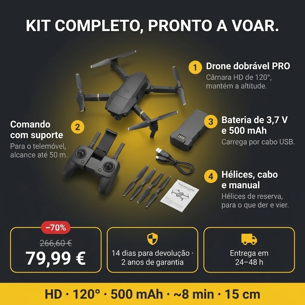 Oferta do Drone dobrável PRO: drone, comando, bateria e acessórios, pagamento na entrega