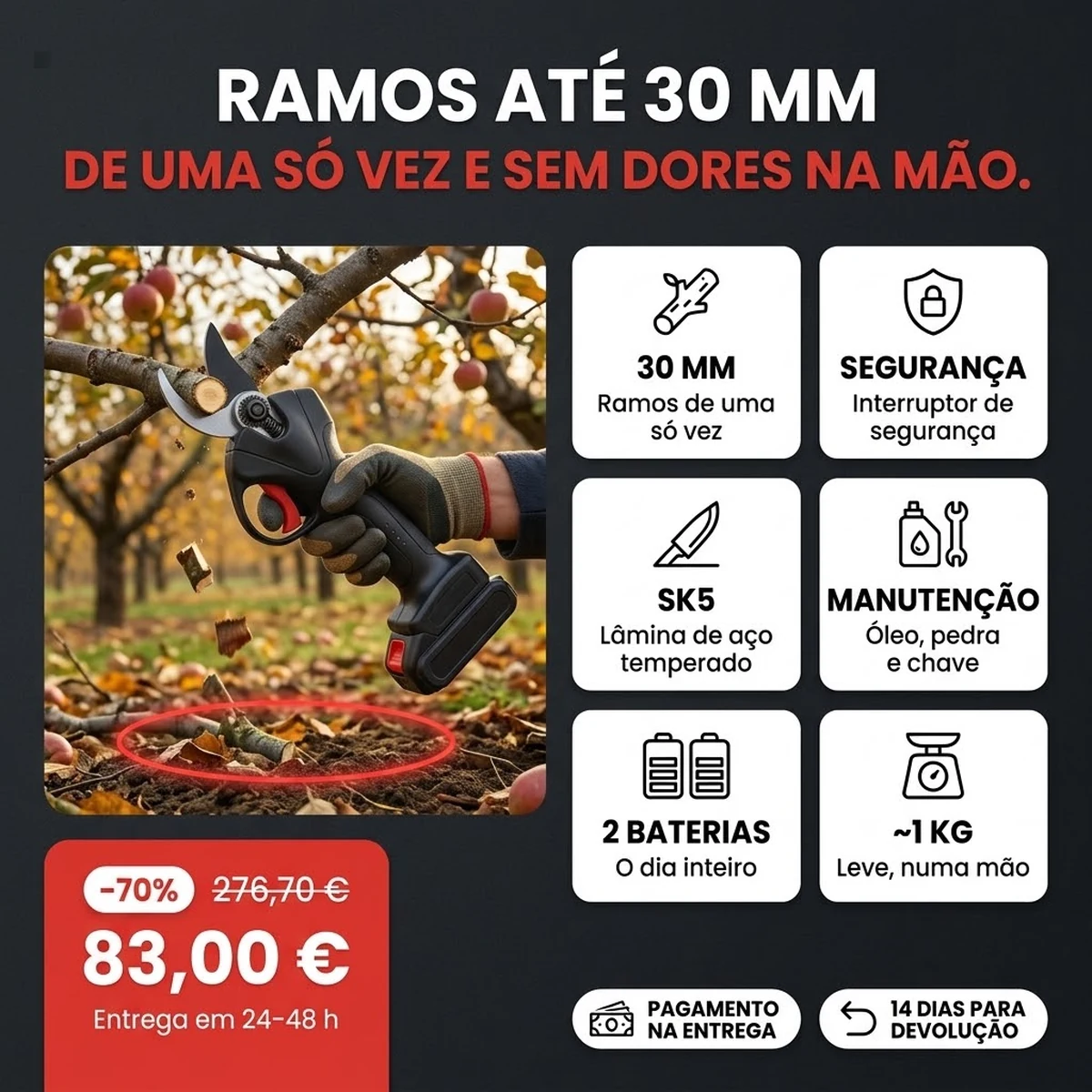 Tesoura de poda a bateria PRO com duas baterias e mala, as funções principais em cartões