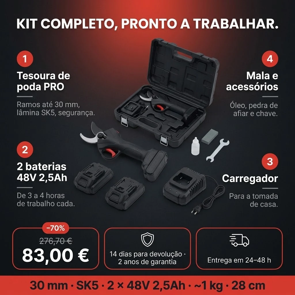 Oferta da Tesoura de poda PRO: tesoura, duas baterias, carregador e mala com acessórios, pagamento na entrega
