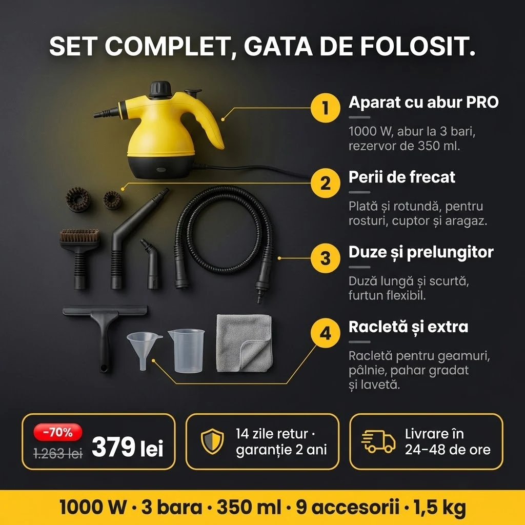 Oferta Aparat cu abur PRO: aparatul și 9 accesorii, plata la livrare