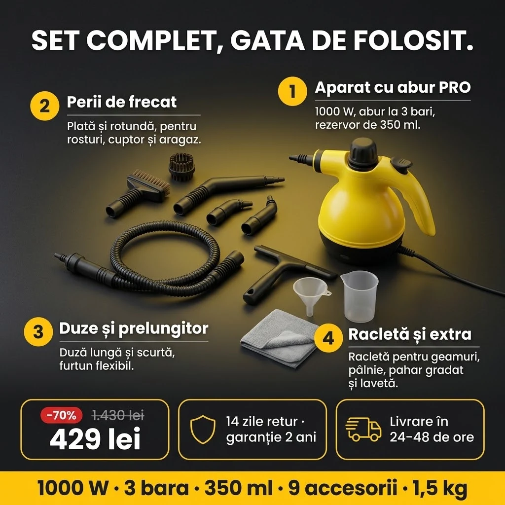 Oferta Aparat cu abur PRO: aparatul și 9 accesorii, plata la livrare