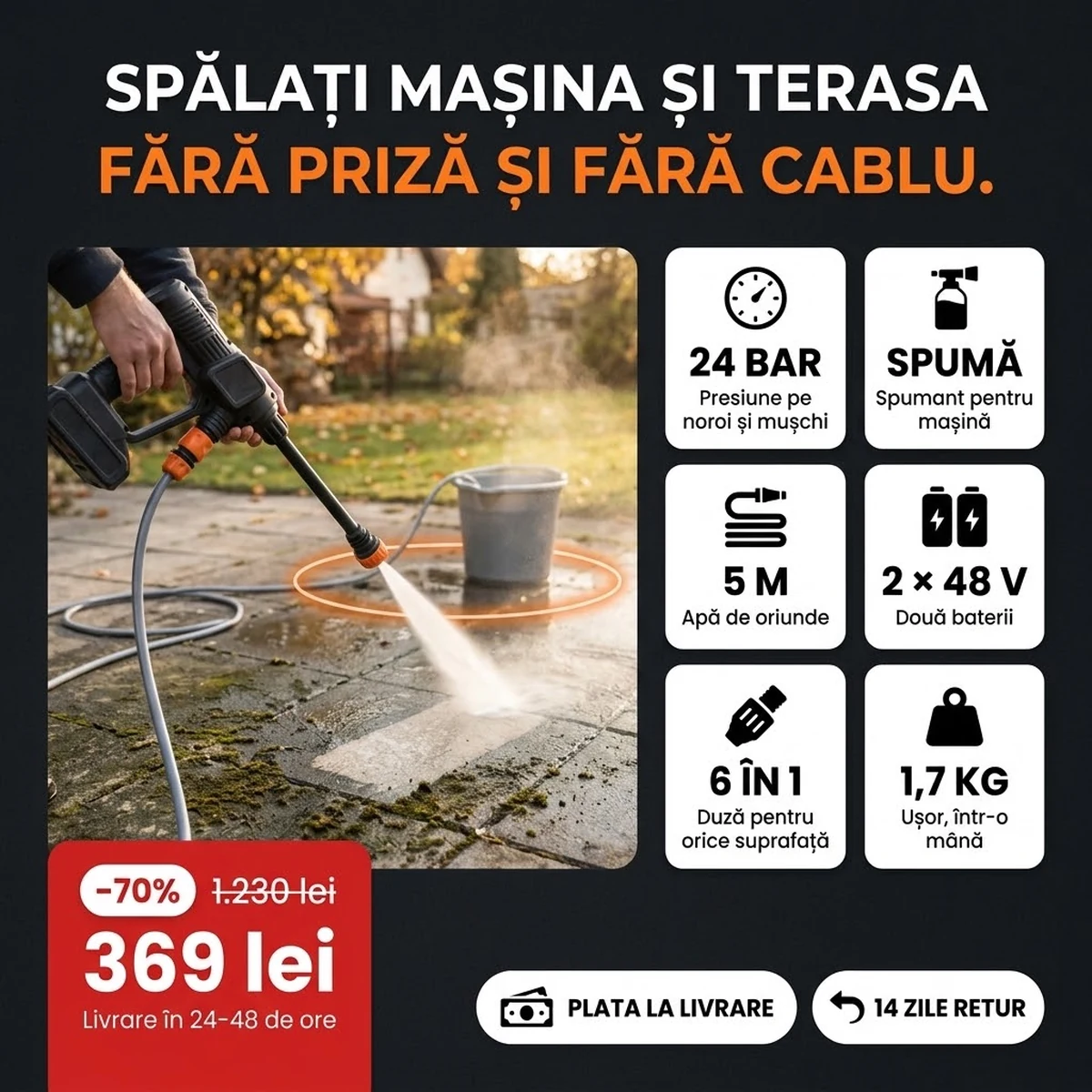 Aparat cu presiune PRO cu acumulator, duză, spumant și două baterii, principalele funcții pe carduri