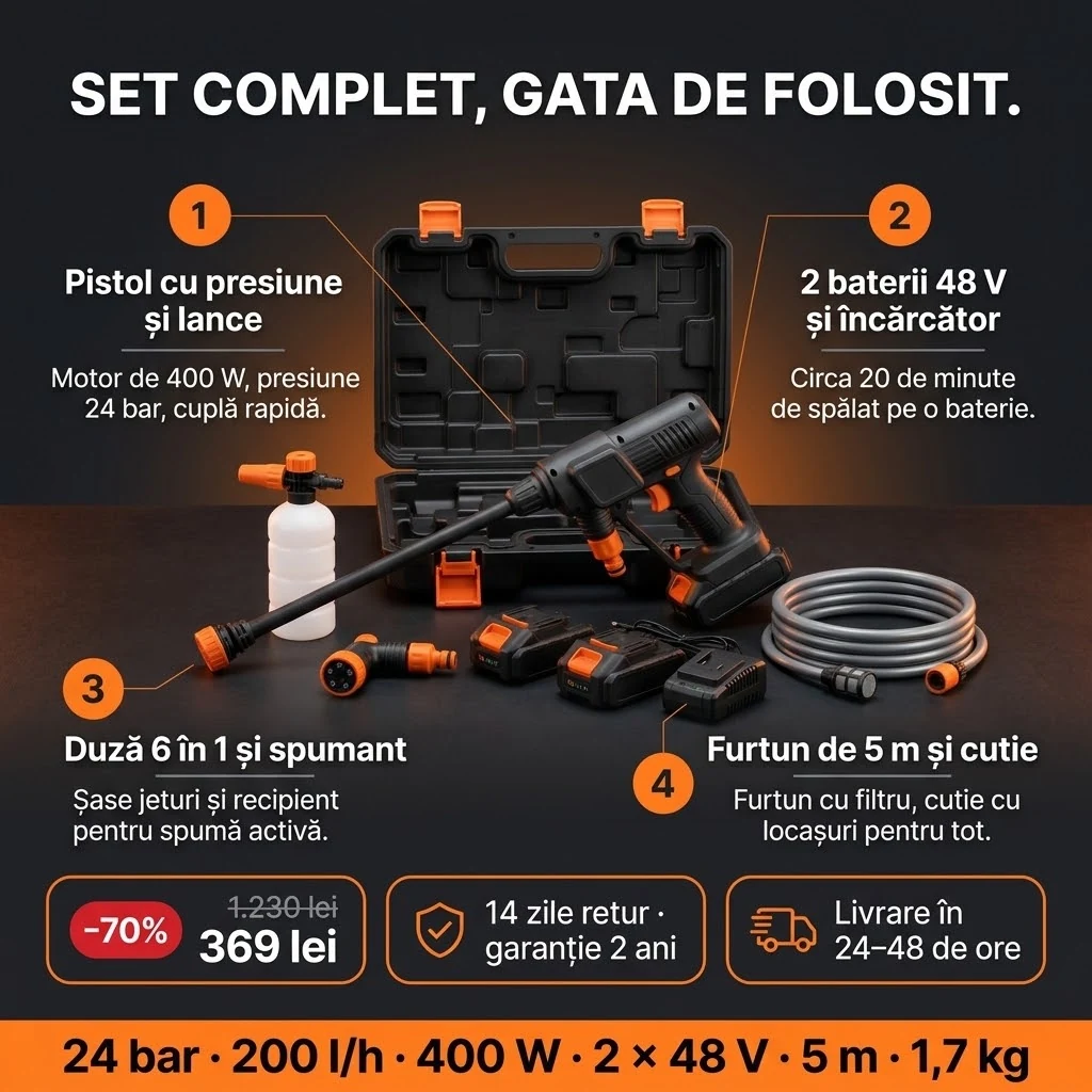 Oferta Aparat cu presiune PRO: pistol, două baterii, duză, spumant, furtun și cutie, plata la livrare