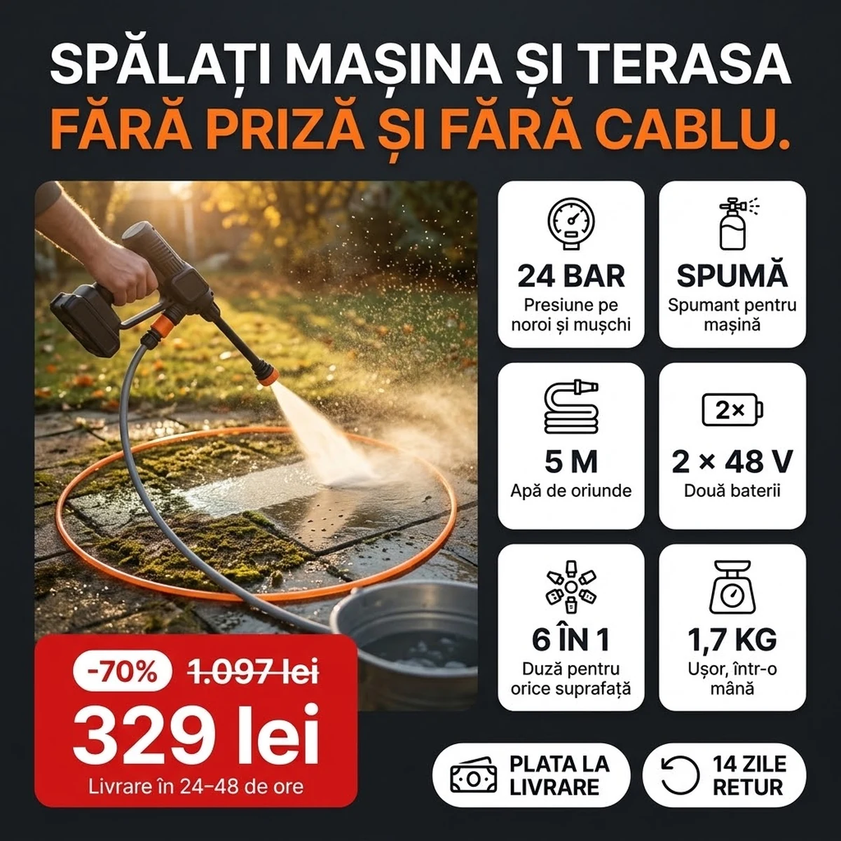 Aparat cu presiune PRO cu acumulator, duză, spumant și două baterii, principalele funcții pe carduri