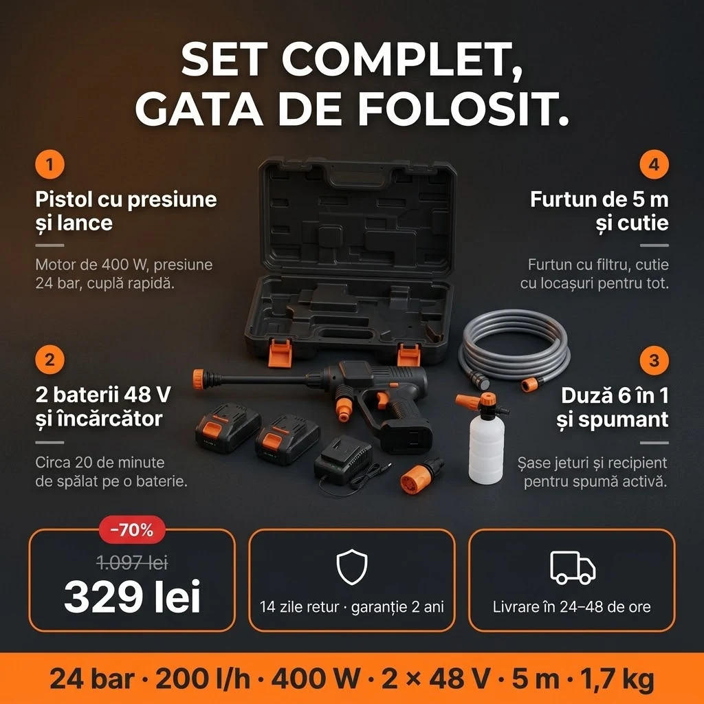 Oferta Aparat cu presiune PRO: pistol, două baterii, duză, spumant, furtun și cutie, plata la livrare