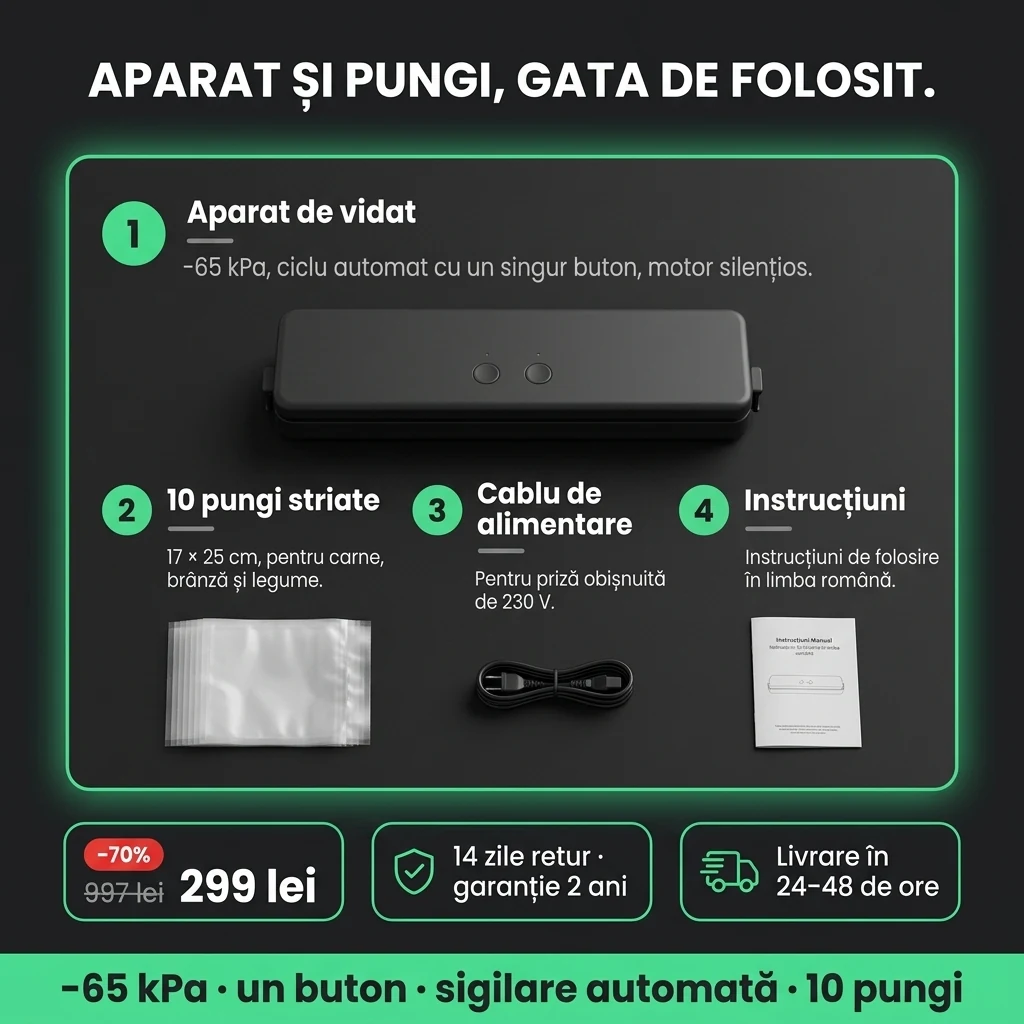 Aparat de vidat alimente – ofertă: aparat de vidat și 10 pungi de 17 × 25 cm, 299 lei în loc de 997 lei, plata la livrare