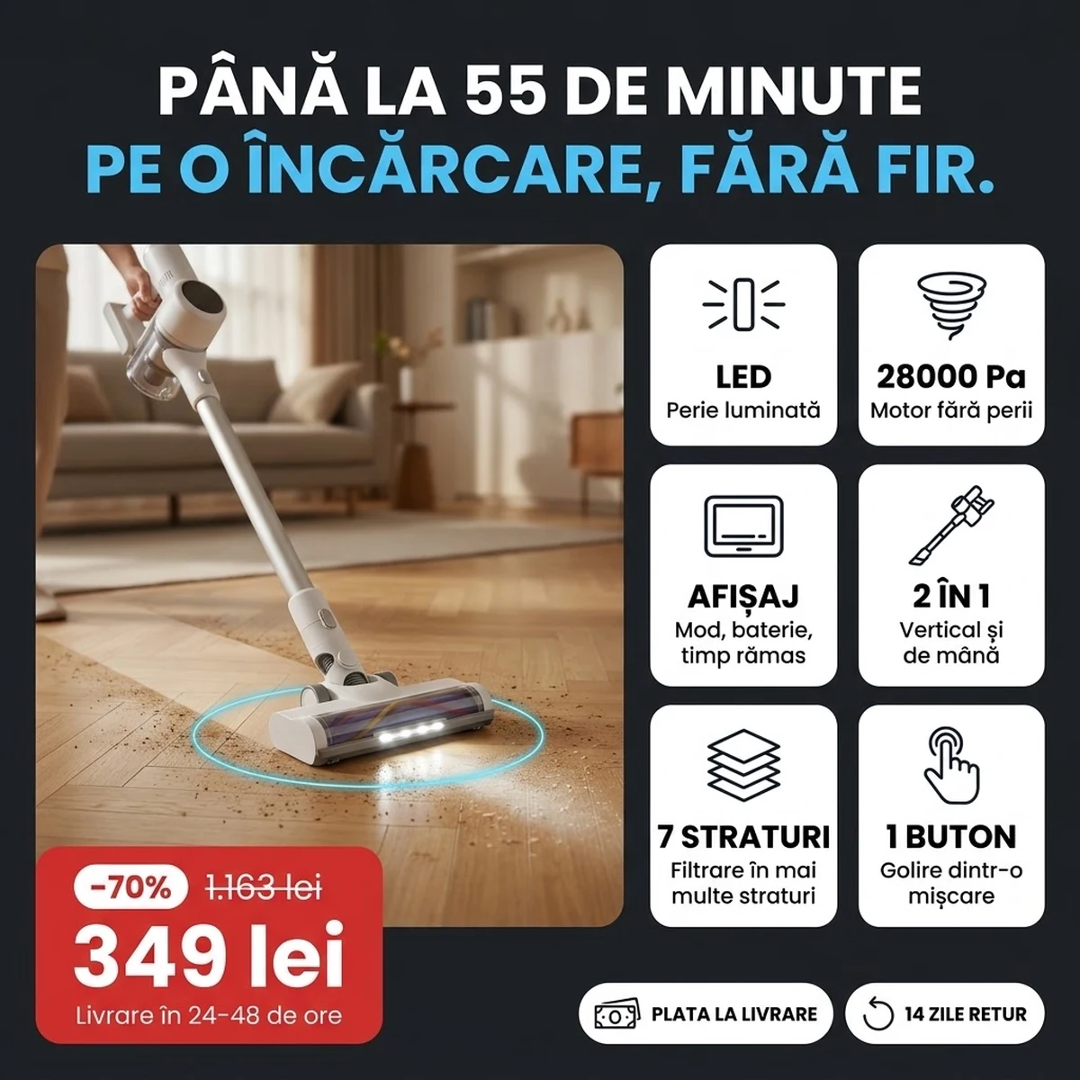 Aspirator vertical fără fir cu perie LED și afișaj, pe cardurile caracteristicilor principale