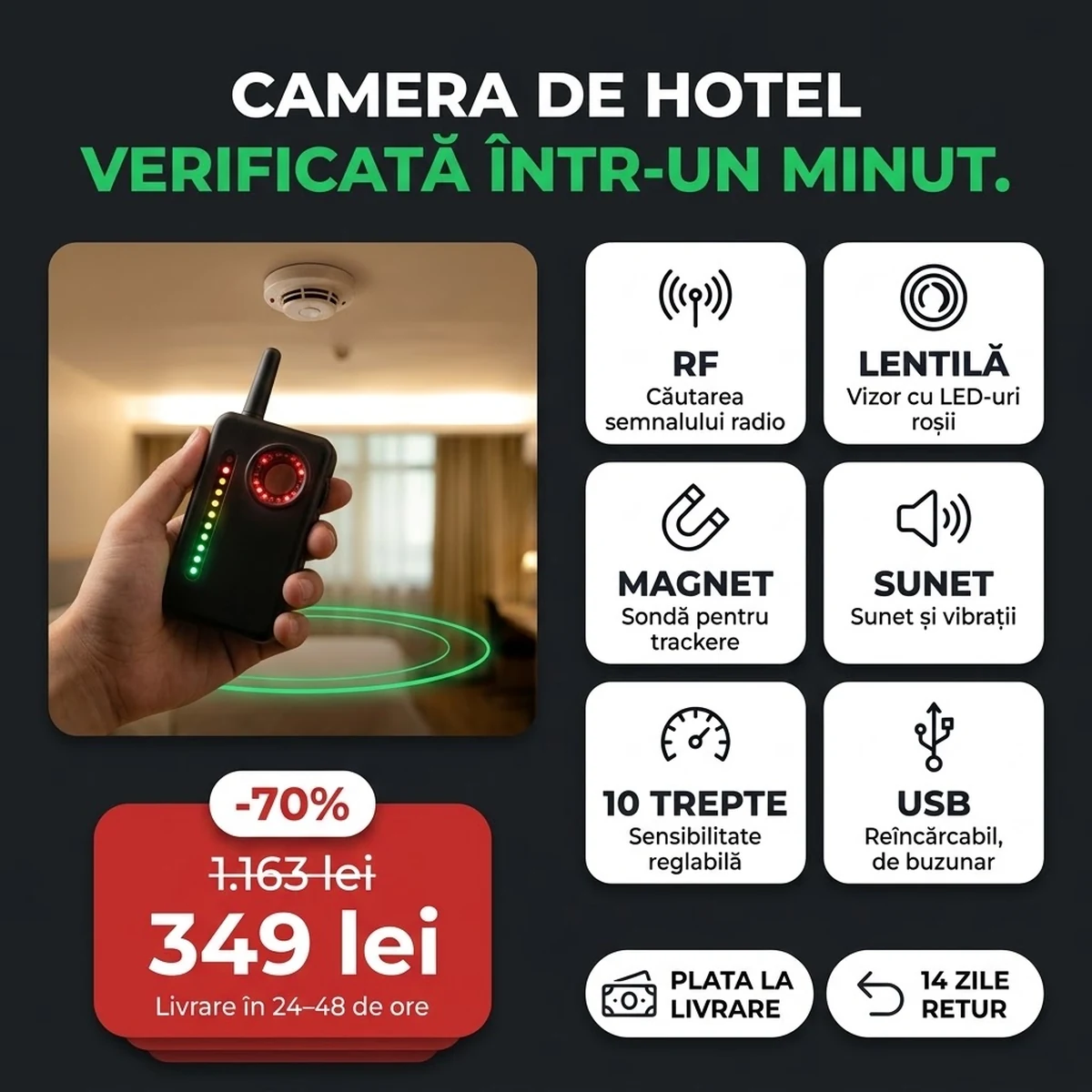 Detector de camere ascunse cu antenă și fereastră de vizor, pe cardurile caracteristicilor principale